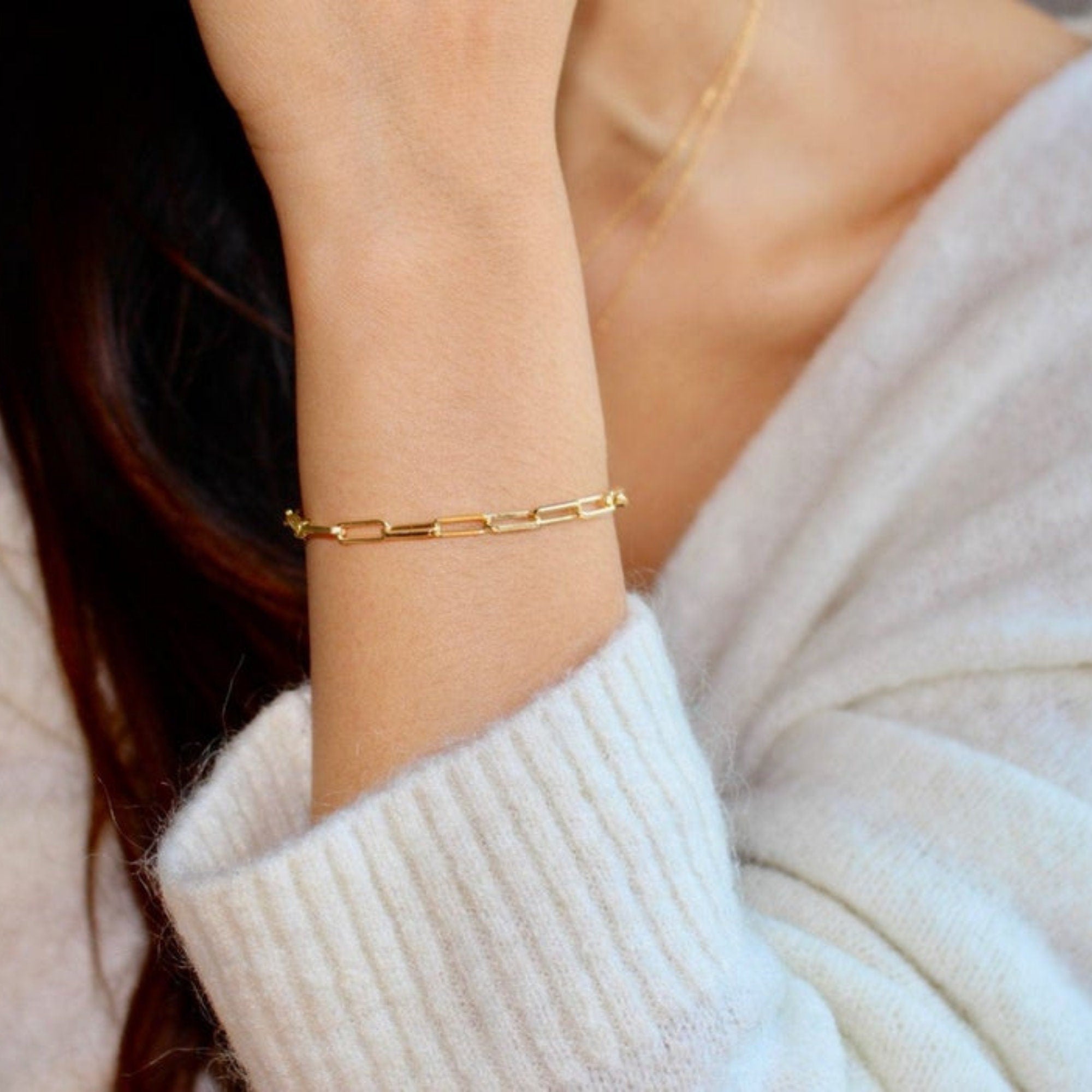 14K Gold Paperclip Chain Bracelet, Dainty Bracelet Gold and Silver color, Woman Curb Cuban Link Chain Bracelet, Gift for Her