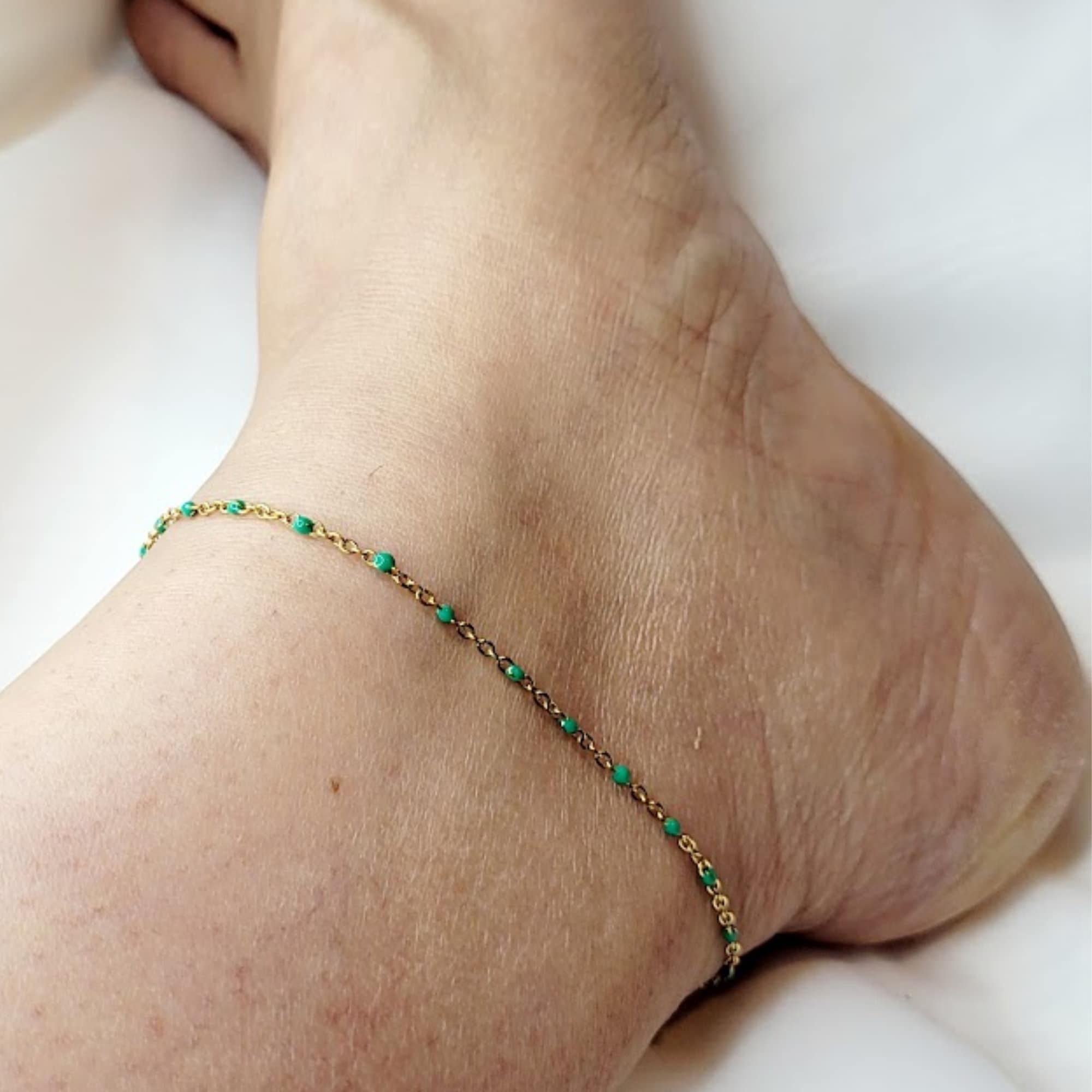 Boho Dainty Beaded Green Anklets Bracelets, Stainless Steels Women Anklets, Gift For Her, Tarnish Resistant and Waterproof Anklets Bracelets