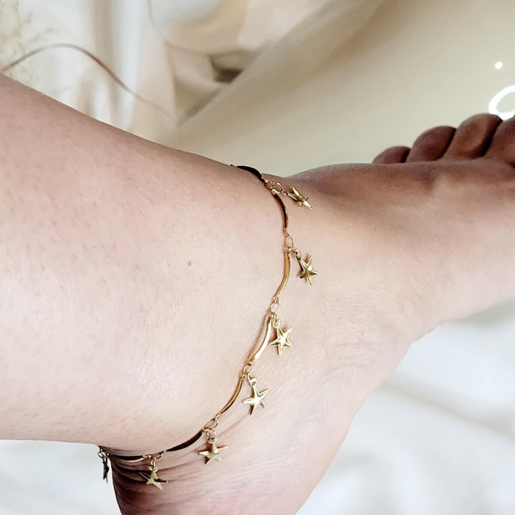 Stainless Steel Anklet Bracelet Stars and Leaf, Tarnish Resistant and Waterproof Bracelet, Gift for Friend, Spring Jewelry