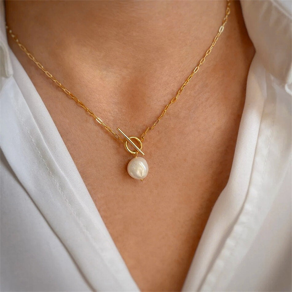 14K Gold Toggle Necklace, Fresh Water Pearl Necklace, Everyday Necklace, Elegant Pearl Necklace, Paperclip Necklace, Pearl Necklace, Gift