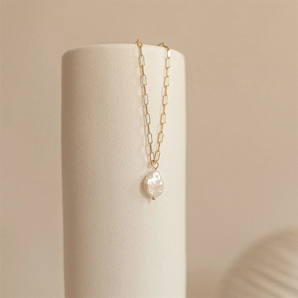 14K Gold Fresh Water Pearl Necklace, Everyday Necklace, Elegant Pearl Necklace, Paperclip Necklace, Pearl Necklace, Gift