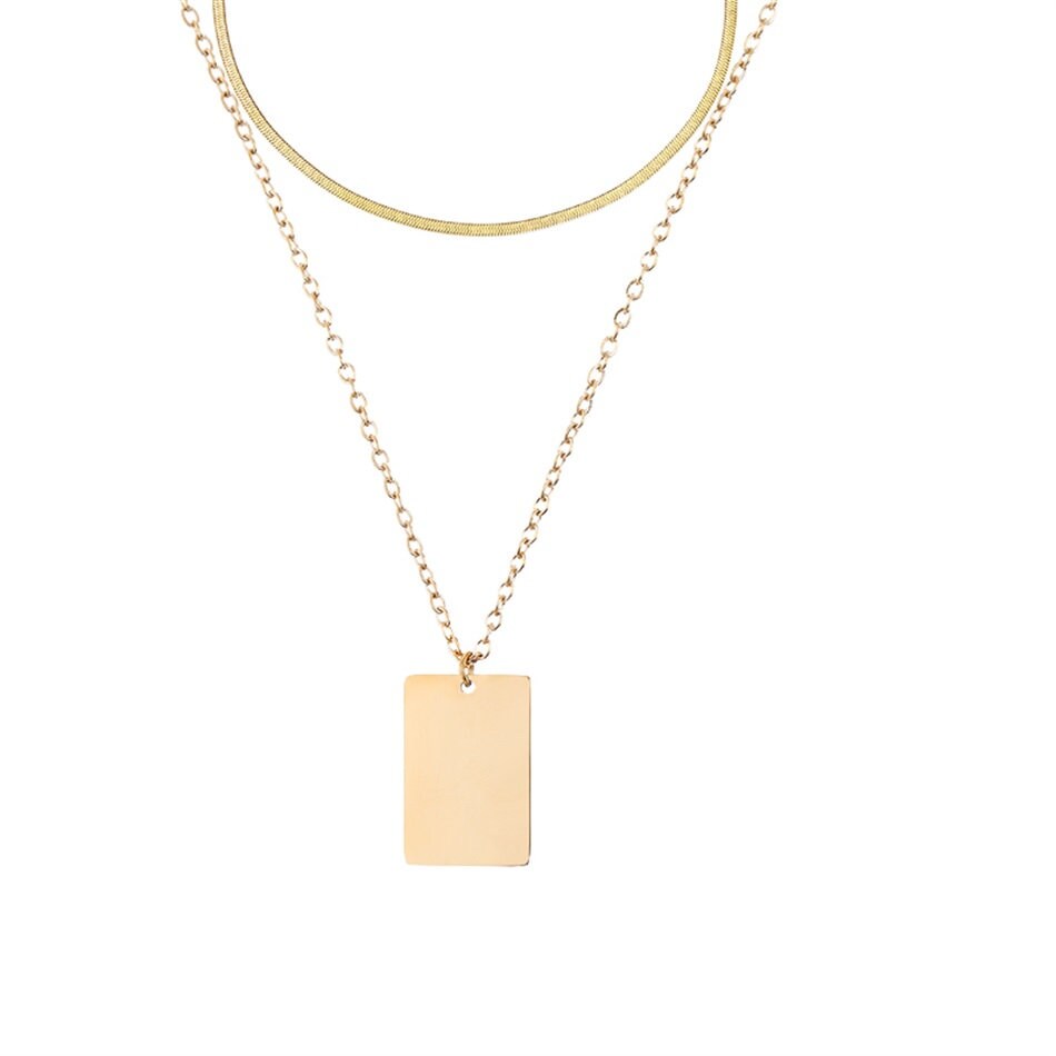 18K Gold Plated Square Tag Necklace Set of 2, Square Shape Layered Stainless Steel Necklace, Statement Style Jewelry, Everyday Wear Necklace