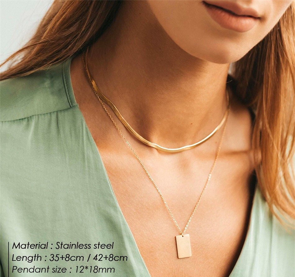 18K Gold Plated Square Tag Necklace Set of 2, Square Shape Layered Stainless Steel Necklace, Statement Style Jewelry, Everyday Wear Necklace