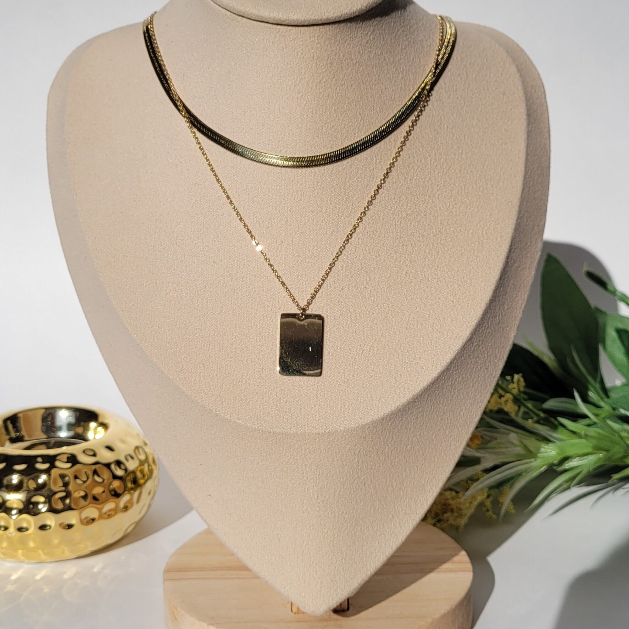 18K Gold Plated Square Tag Necklace Set of 2, Square Shape Layered Stainless Steel Necklace, Statement Style Jewelry, Everyday Wear Necklace